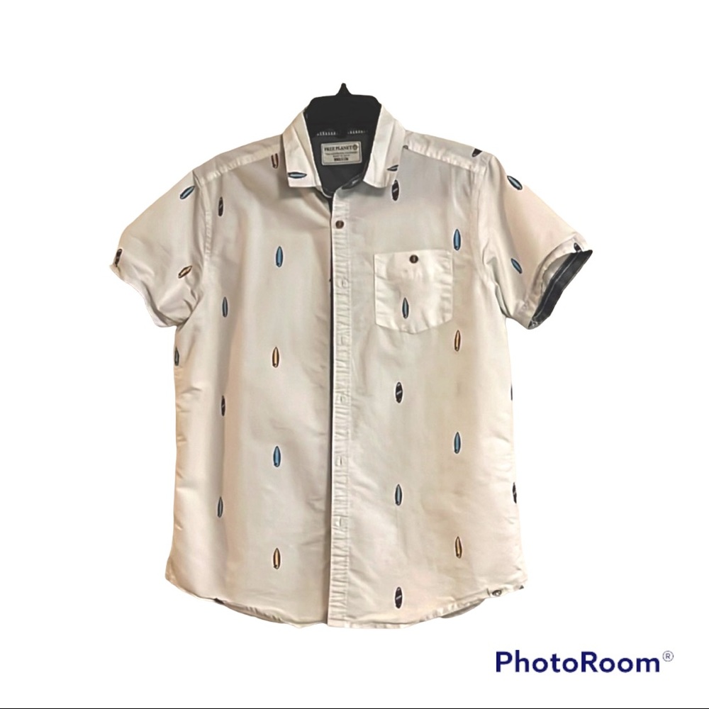 White Patterned Free Planet Button Up Shirt (Mens Medium)